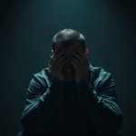 A man sits alone in a dimly lit room, head in hands, consumed by guilt and anxiety. Shadows play across his troubled face, reflecting years of secret keeping. The atmosphere is heavy and somber, capturing the trueoffmychest burden of his confession. Cinematic, highly detailed, realistic, 8k quality.