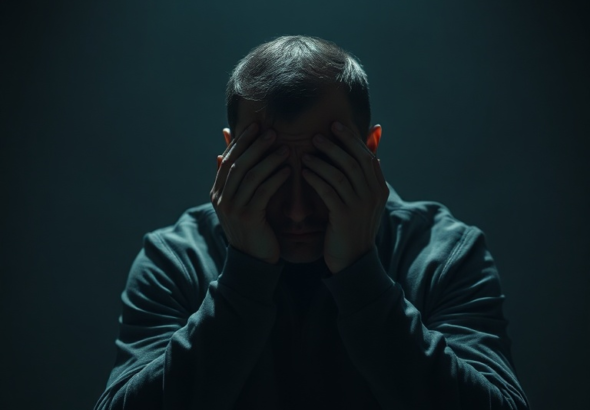 A man sits alone in a dimly lit room, head in hands, consumed by guilt and anxiety. Shadows play across his troubled face, reflecting years of secret keeping. The atmosphere is heavy and somber, capturing the trueoffmychest burden of his confession. Cinematic, highly detailed, realistic, 8k quality.