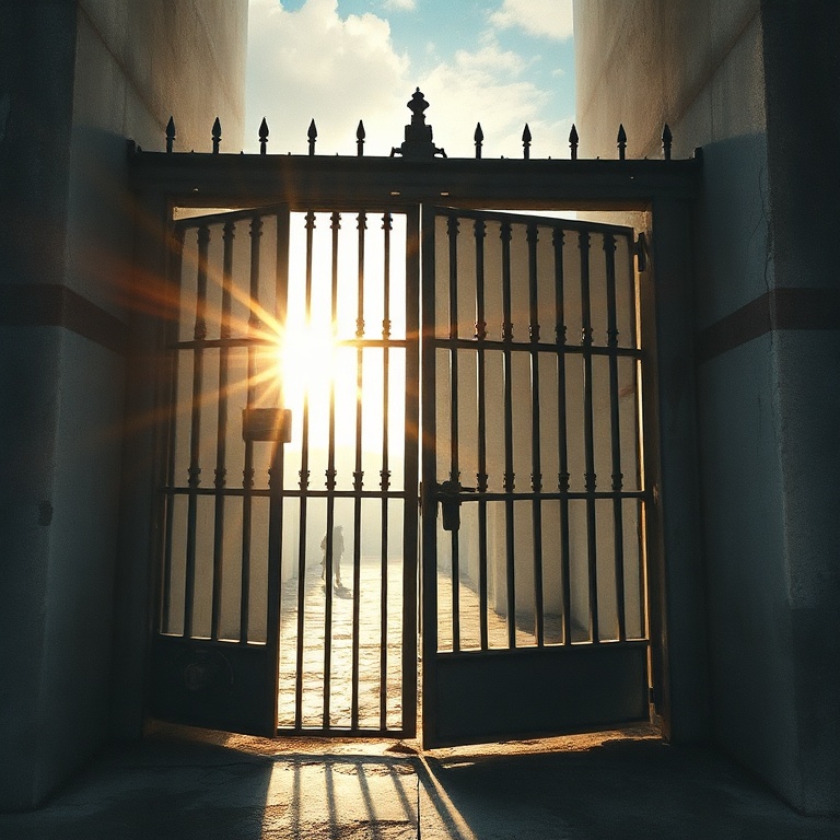 A weathered prison gate slowly creaking open, sunlight piercing through the bars, symbolizing release but also the daunting u