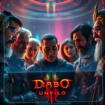 A diverse group of Diablo IV players discussing game updates on a futuristic holographic interface, showing mixed emotions of excitement and thoughtful consideration, vibrant neon lights, detailed character models, a blend of ancient and high-tech aesthetics, cinematic, 8k, photorealistic