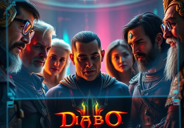 A diverse group of Diablo IV players discussing game updates on a futuristic holographic interface, showing mixed emotions of excitement and thoughtful consideration, vibrant neon lights, detailed character models, a blend of ancient and high-tech aesthetics, cinematic, 8k, photorealistic