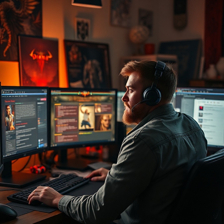 A gamer sitting at a desk, surrounded by multiple monitors displaying Diablo IV patch notes, character build planners, and co