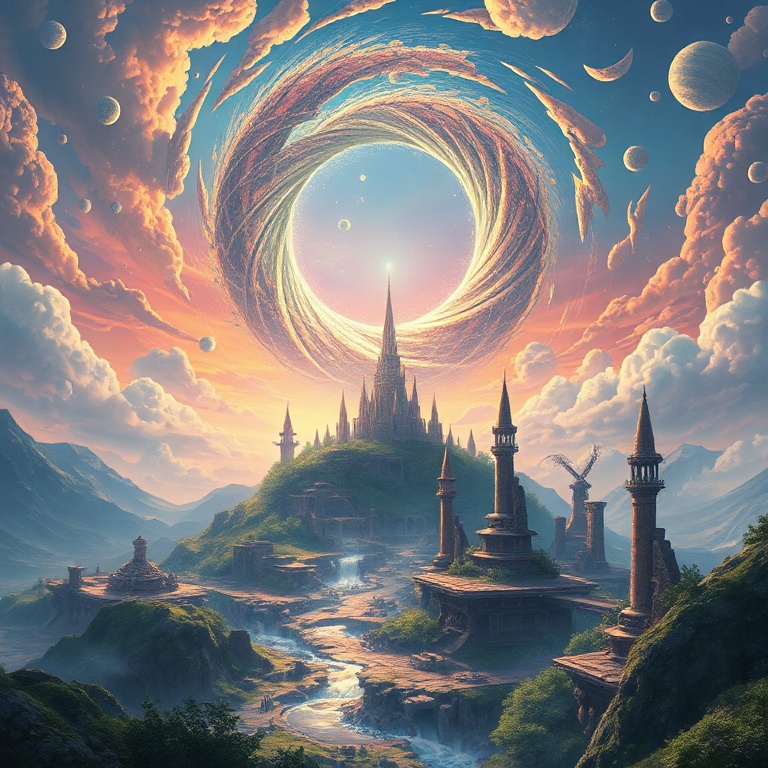diablo - A futuristic, stylized depiction of Sanctuary's landscape with a swirling portal in the sky, hinting at new adventur