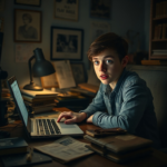 A young person sits at a cluttered desk late at night, eyes wide with shock and disbelief, illuminated by the glow of a laptop screen displaying old newspaper clippings about an art heist. Scattered around are dusty photo albums and a worn leather journal. The room is dimly lit, creating a tense, mysterious atmosphere, with subtle hints of vintage decor and a sense of profound discovery. Cinematic lighting, ultra realistic, highly detailed, 8k quality, photorealistic