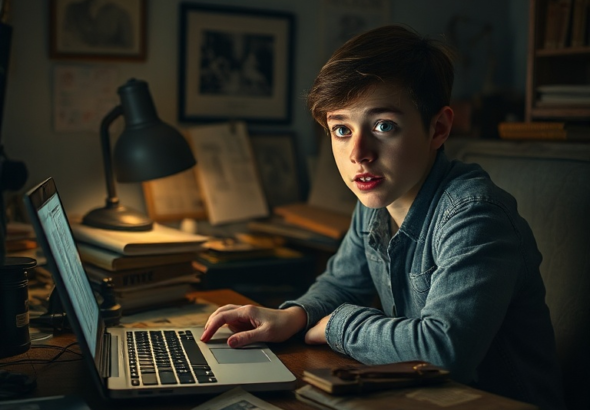 A young person sits at a cluttered desk late at night, eyes wide with shock and disbelief, illuminated by the glow of a laptop screen displaying old newspaper clippings about an art heist. Scattered around are dusty photo albums and a worn leather journal. The room is dimly lit, creating a tense, mysterious atmosphere, with subtle hints of vintage decor and a sense of profound discovery. Cinematic lighting, ultra realistic, highly detailed, 8k quality, photorealistic