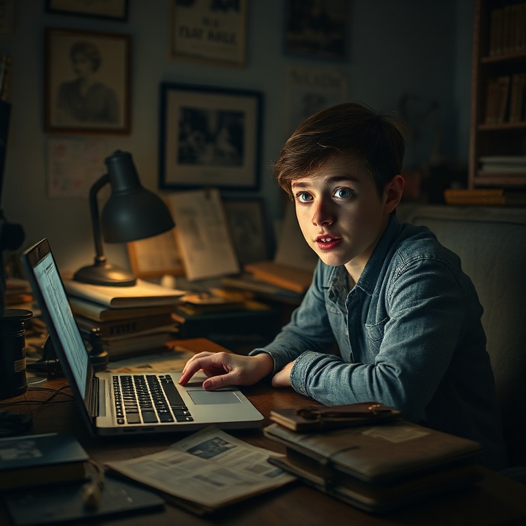A young person sits at a cluttered desk late at night, eyes wide with shock and disbelief, illuminated by the glow of a laptop screen displaying old newspaper clippings about an art heist. Scattered around are dusty photo albums and a worn leather journal. The room is dimly lit, creating a tense, mysterious atmosphere, with subtle hints of vintage decor and a sense of profound discovery. Cinematic lighting, ultra realistic, highly detailed, 8k quality, photorealistic