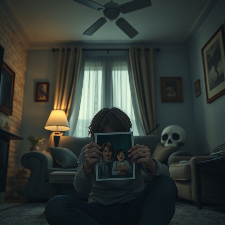 tifu - A person sits alone in a dimly lit living room, looking distraught and contemplative, holding an old photograph of the