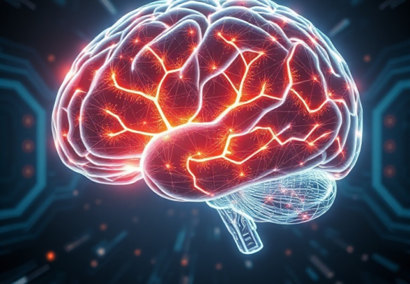 A futuristic, glowing holographic brain representing advanced artificial intelligence, with intricate neural networks radiating light. The background is a sleek, dark tech environment with subtle geometric patterns, symbolizing innovation and complexity. The mood is awe-inspiring and forward-thinking, with a focus on cutting-edge technology and knowledge, ultra realistic, highly detailed, 8k quality, cinematic lighting.