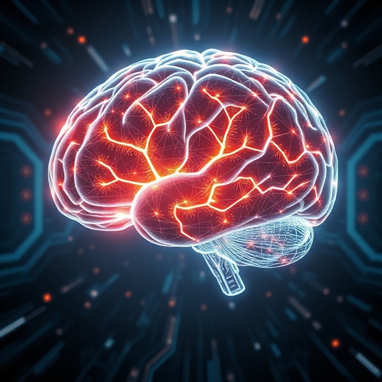 A futuristic, glowing holographic brain representing advanced artificial intelligence, with intricate neural networks radiating light. The background is a sleek, dark tech environment with subtle geometric patterns, symbolizing innovation and complexity. The mood is awe-inspiring and forward-thinking, with a focus on cutting-edge technology and knowledge, ultra realistic, highly detailed, 8k quality, cinematic lighting.