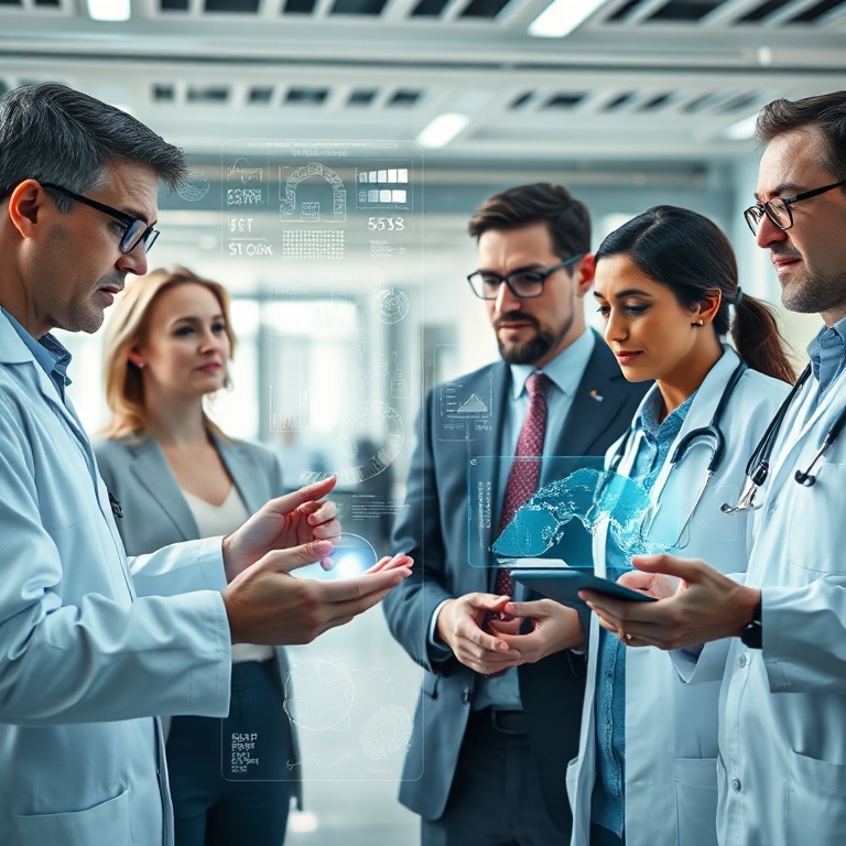 openai - A diverse group of professionals from different industries (scientist, artist, business executive, doctor) interacti