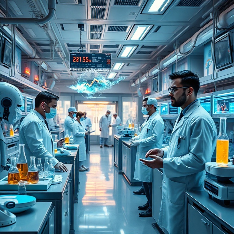openai - A bustling, futuristic laboratory filled with scientists in lab coats, working alongside advanced AI robots and holo
