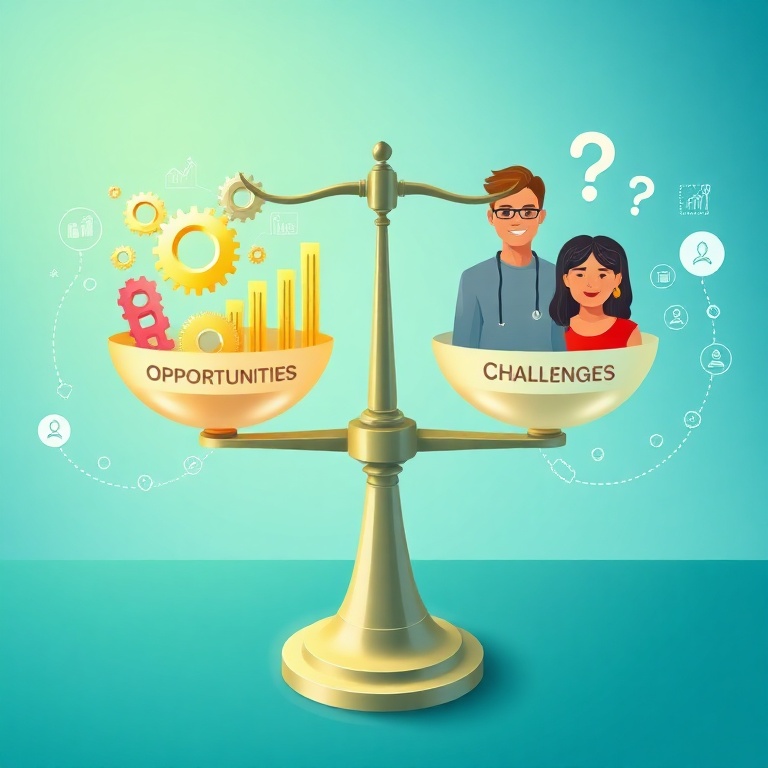 openai - A stylized infographic showing a balance scale with 'Opportunities' on one side (represented by glowing gears, growt