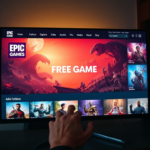 A vibrant, cinematic shot of the Epic Games Store interface on a large monitor, prominently displaying a 'Free Game' banner for a hypothetical AAA title with stunning fantasy art, surrounded by other game tiles, a hand reaching for a mouse, warm ambient light, high detail, photorealistic