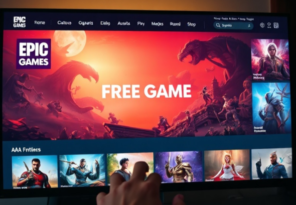A vibrant, cinematic shot of the Epic Games Store interface on a large monitor, prominently displaying a 'Free Game' banner for a hypothetical AAA title with stunning fantasy art, surrounded by other game tiles, a hand reaching for a mouse, warm ambient light, high detail, photorealistic