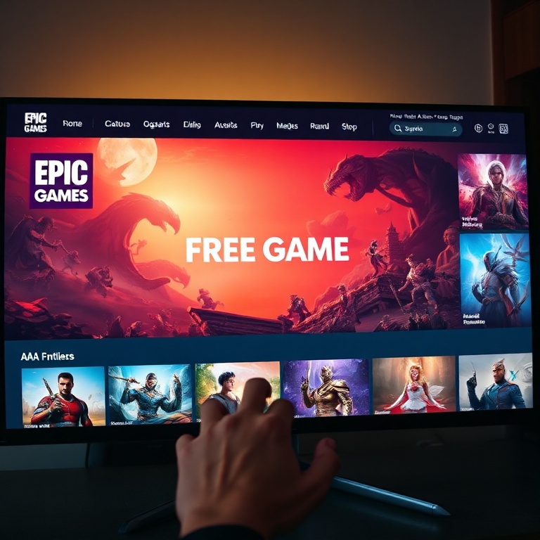 A vibrant, cinematic shot of the Epic Games Store interface on a large monitor, prominently displaying a 'Free Game' banner for a hypothetical AAA title with stunning fantasy art, surrounded by other game tiles, a hand reaching for a mouse, warm ambient light, high detail, photorealistic