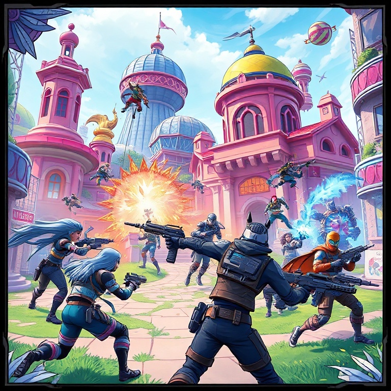 urgent - A dynamic, action-packed Fortnite battle scene featuring new character skins from the latest season, engaging in com