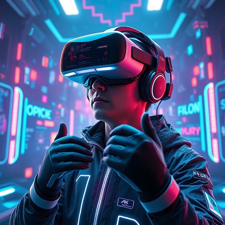 urgent - A futuristic gaming setup featuring a player immersed in a holographic display, wearing sleek VR goggles with integr
