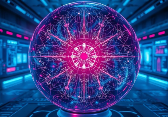 futuristic glowing sphere representing an advanced AI model named 'Catalyst,' with intricate neural network patterns emanating from its core, surrounded by flowing data streams and holographic interfaces in a clean, high-tech research lab setting, deep blues and purples, cinematic, ultra realistic, highly detailed, 8k quality, photorealistic