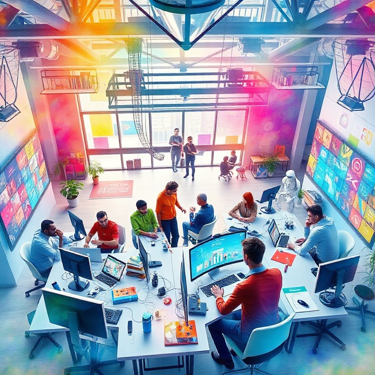 openais - a diverse group of creative professionals and AI interfaces collaborating seamlessly in a futuristic, open-plan wor