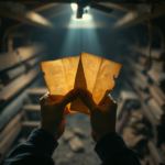 A person's hands holding faded, yellowed old letters, illuminated by a single beam of light in a dusty attic. The mood is somber and reflective, with shadows emphasizing the weight of the discovery. Detailed texture of aged paper and ink, soft focus on the background, cinematic lighting, ultra realistic, highly detailed, 8k quality, photorealistic