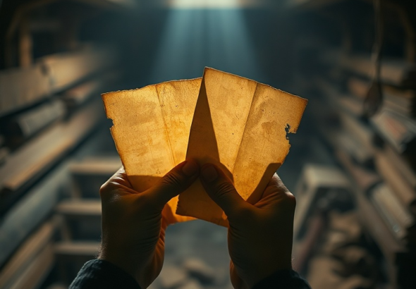 A person's hands holding faded, yellowed old letters, illuminated by a single beam of light in a dusty attic. The mood is somber and reflective, with shadows emphasizing the weight of the discovery. Detailed texture of aged paper and ink, soft focus on the background, cinematic lighting, ultra realistic, highly detailed, 8k quality, photorealistic