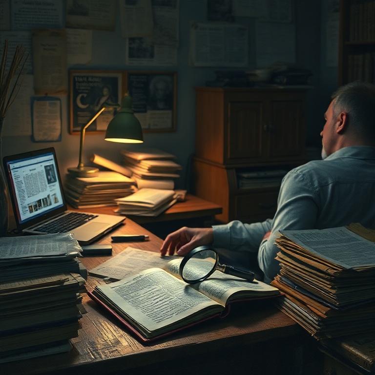 stumbled - A person sitting at a desk late at night, surrounded by stacks of old documents, newspaper clippings, and a laptop