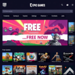 A vibrant digital storefront showcasing a newly revealed free game from the Epic Games Stores, with colorful game art, a 'Free Now' banner, and a diverse selection of other titles visible in the background, inviting and modern UI, digital art style, high detail