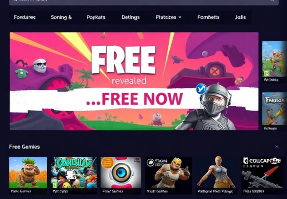 A vibrant digital storefront showcasing a newly revealed free game from the Epic Games Stores, with colorful game art, a 'Free Now' banner, and a diverse selection of other titles visible in the background, inviting and modern UI, digital art style, high detail