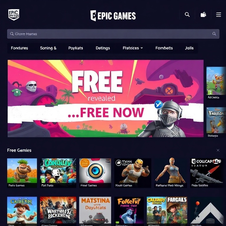 A vibrant digital storefront showcasing a newly revealed free game from the Epic Games Stores, with colorful game art, a 'Free Now' banner, and a diverse selection of other titles visible in the background, inviting and modern UI, digital art style, high detail