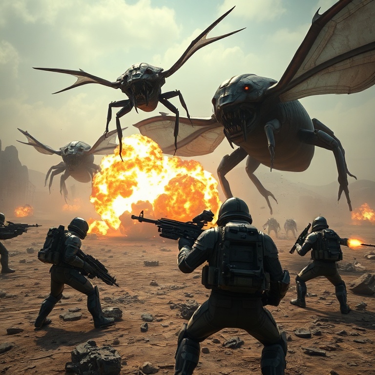 epic - An intense scene from Helldivers 2, showing a squad of four heavily armored Helldivers engaging giant alien bugs on a