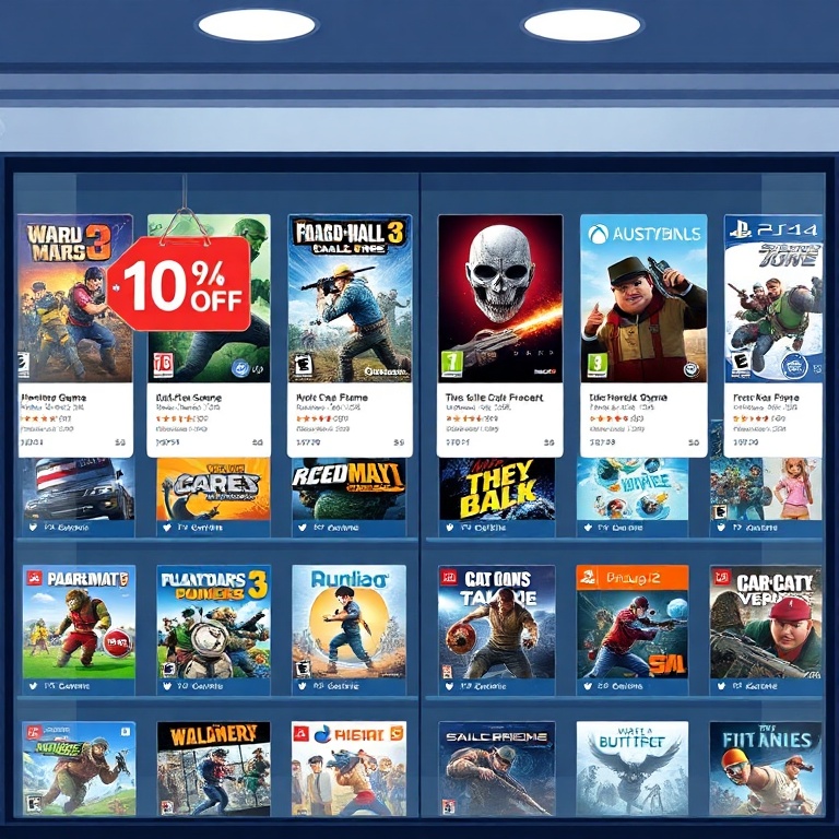 epic - A digital storefront displaying various popular PC game titles with prominent 'discount' and 'sale' tags over their pr