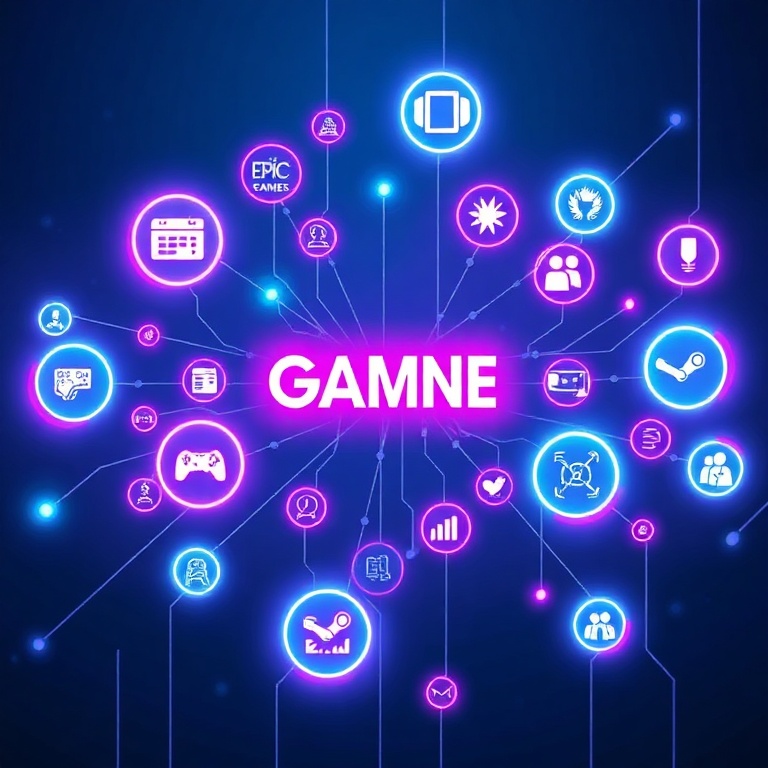 A conceptual image of the interconnected digital gaming ecosystem, showing stylized icons representing various game platforms