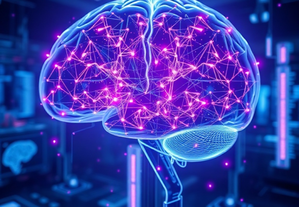 futuristic AI model represented as a glowing, intricate neural network within a transparent brain, surrounded by data streams and holographic interfaces, in a high-tech laboratory setting, conveying innovation and advanced computation, deep blue and purple color scheme, ultra realistic, highly detailed, 8k quality