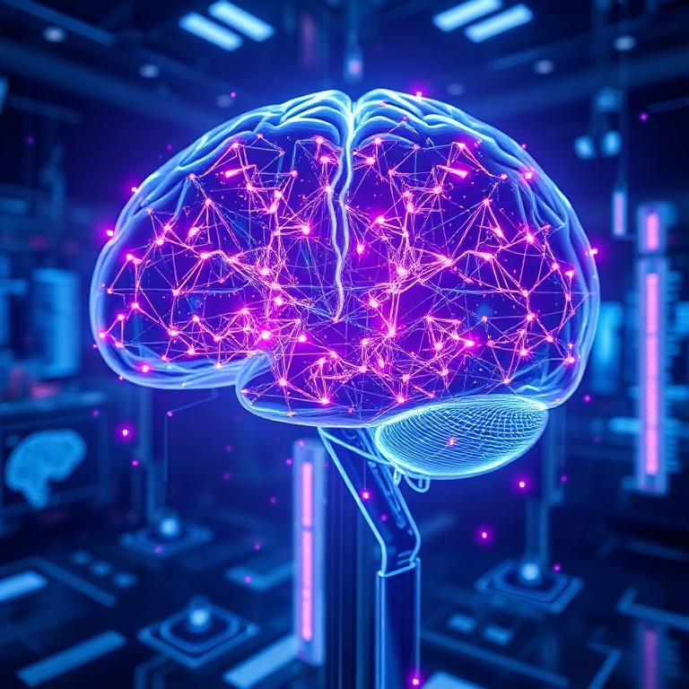 futuristic AI model represented as a glowing, intricate neural network within a transparent brain, surrounded by data streams and holographic interfaces, in a high-tech laboratory setting, conveying innovation and advanced computation, deep blue and purple color scheme, ultra realistic, highly detailed, 8k quality
