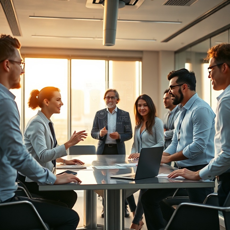 breaking - diverse group of professionals collaborating in a modern, sunlit office, one person interacting with a holographic