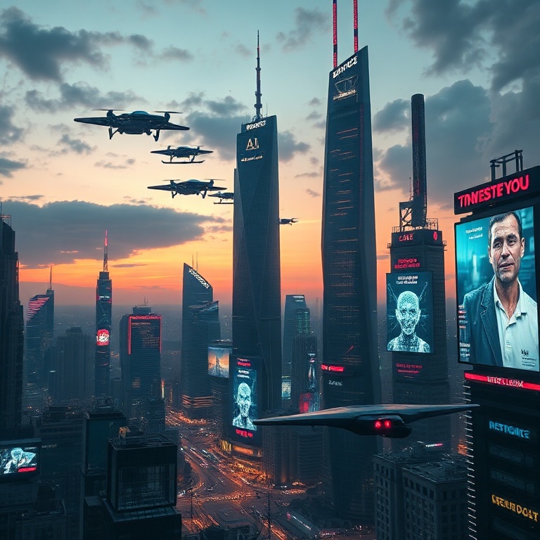 breaking - a futuristic cityscape at dusk, with towering skyscrapers and flying vehicles, illuminated by neon lights and digi