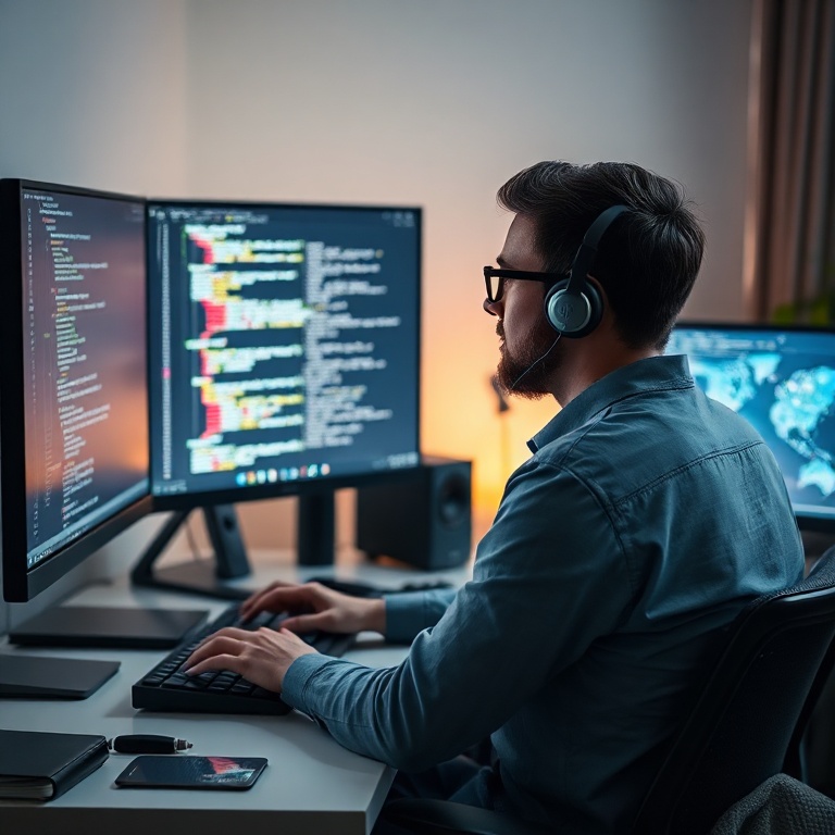 breaking - a person sitting at a desk, deeply focused on a computer screen displaying complex code and a generative AI interf