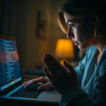 A woman's hands trembling as she stares at a laptop screen displaying a complex web of financial transactions and chat logs, her face illuminated by the screen's glow, in a dimly lit room, reflecting shock and disbelief, cinematic lighting, realistic, highly detailed, 8k quality, photorealistic