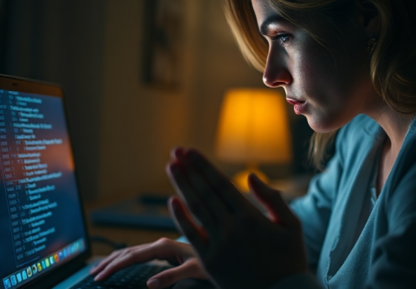 A woman's hands trembling as she stares at a laptop screen displaying a complex web of financial transactions and chat logs, her face illuminated by the screen's glow, in a dimly lit room, reflecting shock and disbelief, cinematic lighting, realistic, highly detailed, 8k quality, photorealistic