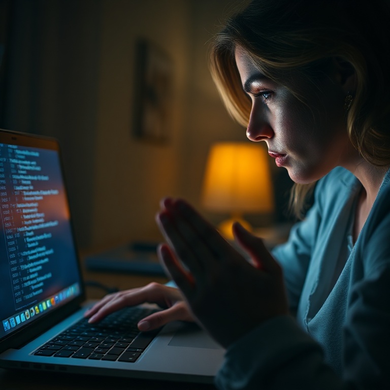 A woman's hands trembling as she stares at a laptop screen displaying a complex web of financial transactions and chat logs, her face illuminated by the screen's glow, in a dimly lit room, reflecting shock and disbelief, cinematic lighting, realistic, highly detailed, 8k quality, photorealistic