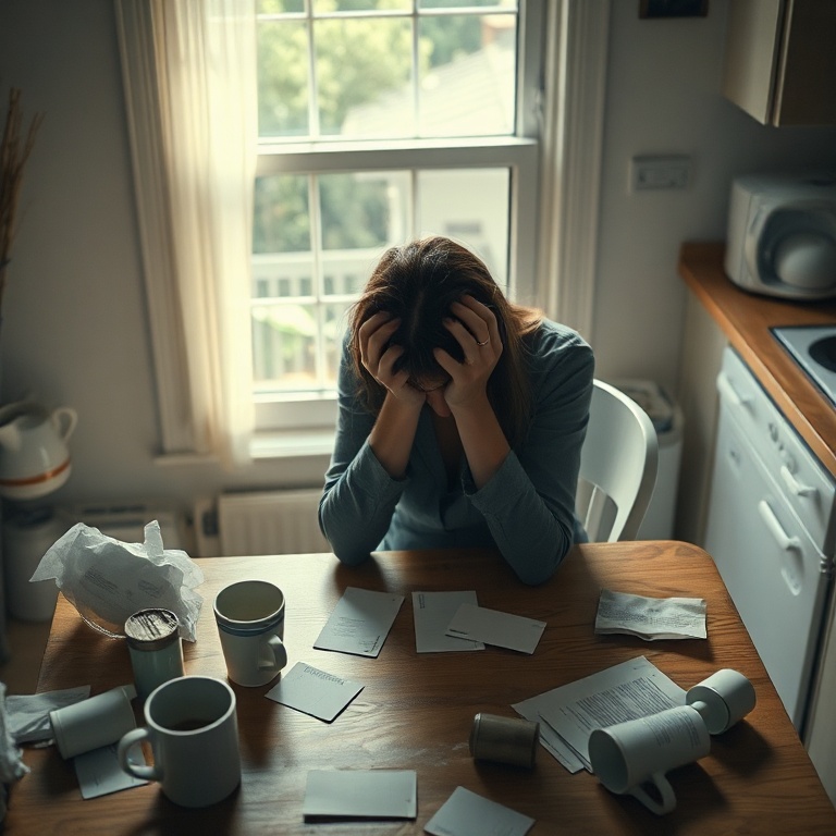 shocking - A woman sitting alone at a kitchen table, head in hands, surrounded by discarded coffee cups and papers, the morni
