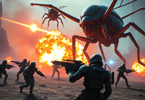 A squad of Helldivers 2 soldiers in futuristic armor engaging giant alien bugs on a desolate alien planet, explosions and laser fire filling the screen, vibrant orange and blue lighting, action-packed, cinematic, ultra realistic, highly detailed, 8k quality, photorealistic