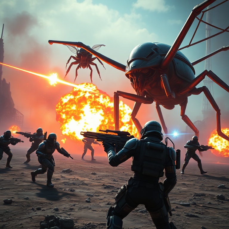 A squad of Helldivers 2 soldiers in futuristic armor engaging giant alien bugs on a desolate alien planet, explosions and laser fire filling the screen, vibrant orange and blue lighting, action-packed, cinematic, ultra realistic, highly detailed, 8k quality, photorealistic
