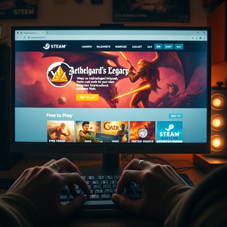 deep - A brightly lit computer screen displaying the Steam store page for 'Aethelgard's Legacy', showing vibrant fantasy art