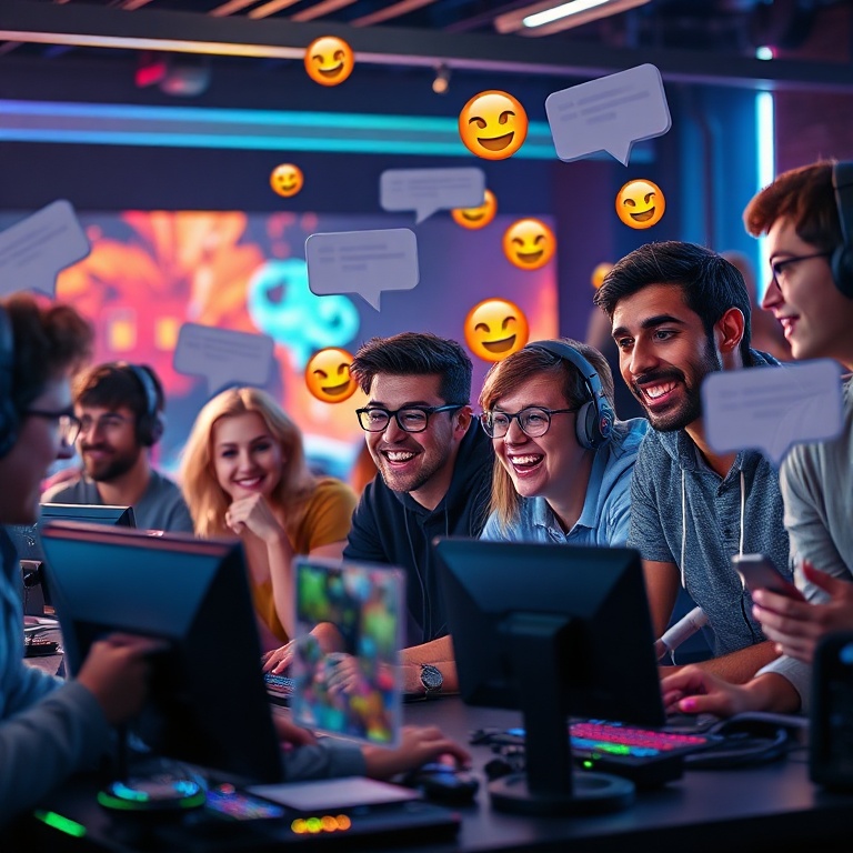 deep - A diverse group of gamers enthusiastically discussing video games online, chat bubbles and emojis floating around thei