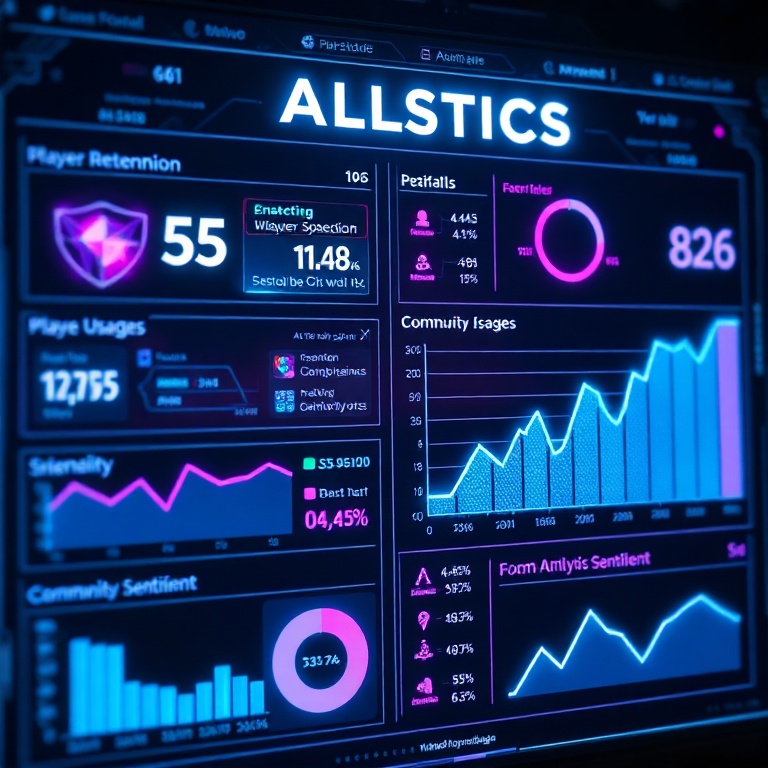 deep - A stylized infographic displaying game analytics data, showing player retention rates, weapon usage statistics, and co