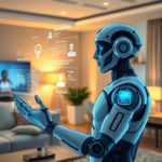 A futuristic AI assistant interacting seamlessly with a user in a smart home environment, displaying holographic interfaces for text, images, and audio, showing real-time responsiveness and intuitive control, warm ambient lighting, highly detailed, cinematic, 8k quality, photorealistic