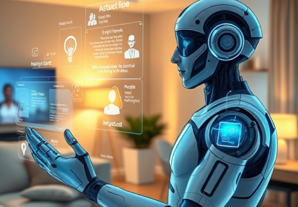 A futuristic AI assistant interacting seamlessly with a user in a smart home environment, displaying holographic interfaces for text, images, and audio, showing real-time responsiveness and intuitive control, warm ambient lighting, highly detailed, cinematic, 8k quality, photorealistic