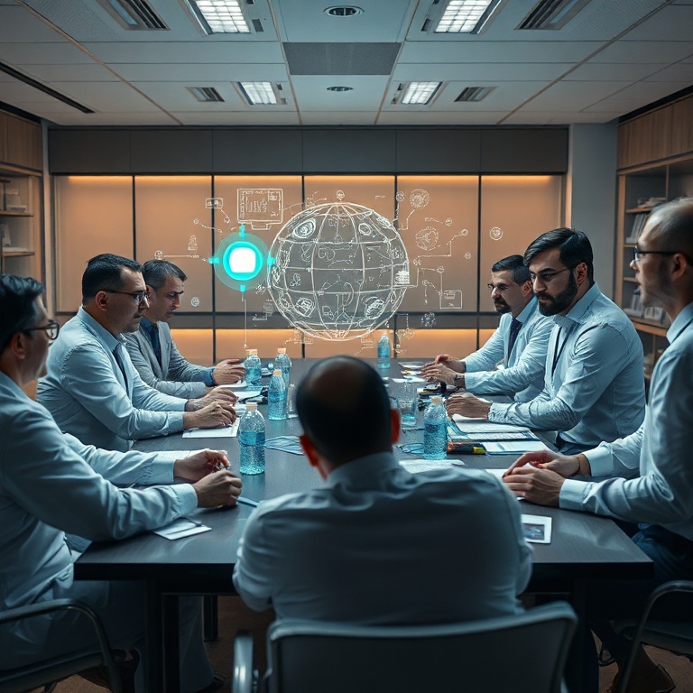 openais - A diverse group of researchers and ethicists discussing AI governance around a large table, futuristic holographic