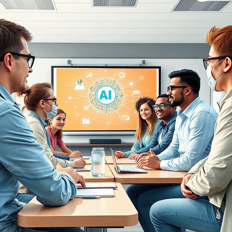 openais - A diverse group of students and educators in a modern classroom, engaged in a discussion about AI's impact on futur